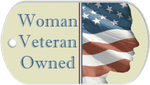 Dog tag with "Woman Veteran Owned" text and silhouette of a person overlaid with the American flag.
